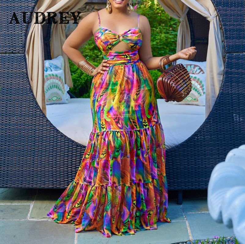 Thumbnail: Elegant Sling Plus Size Dress Sexy Printing Fashion Backless Boho Beach Mixi Dr