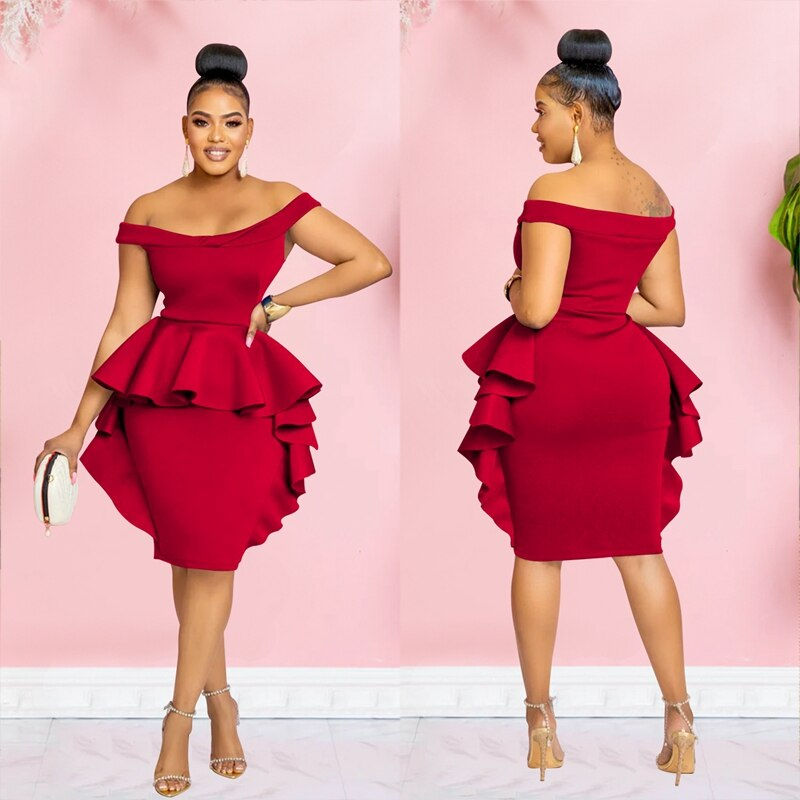 Thumbnail: 2023 Off Shoulder Midi Party Dresses Women Night Luxury Elegant Ruffle Black Su