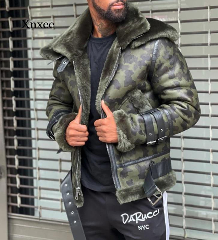 Winter New Camouflage Color Leather Jacket Coat Big Hair Double Collar Belt Buc