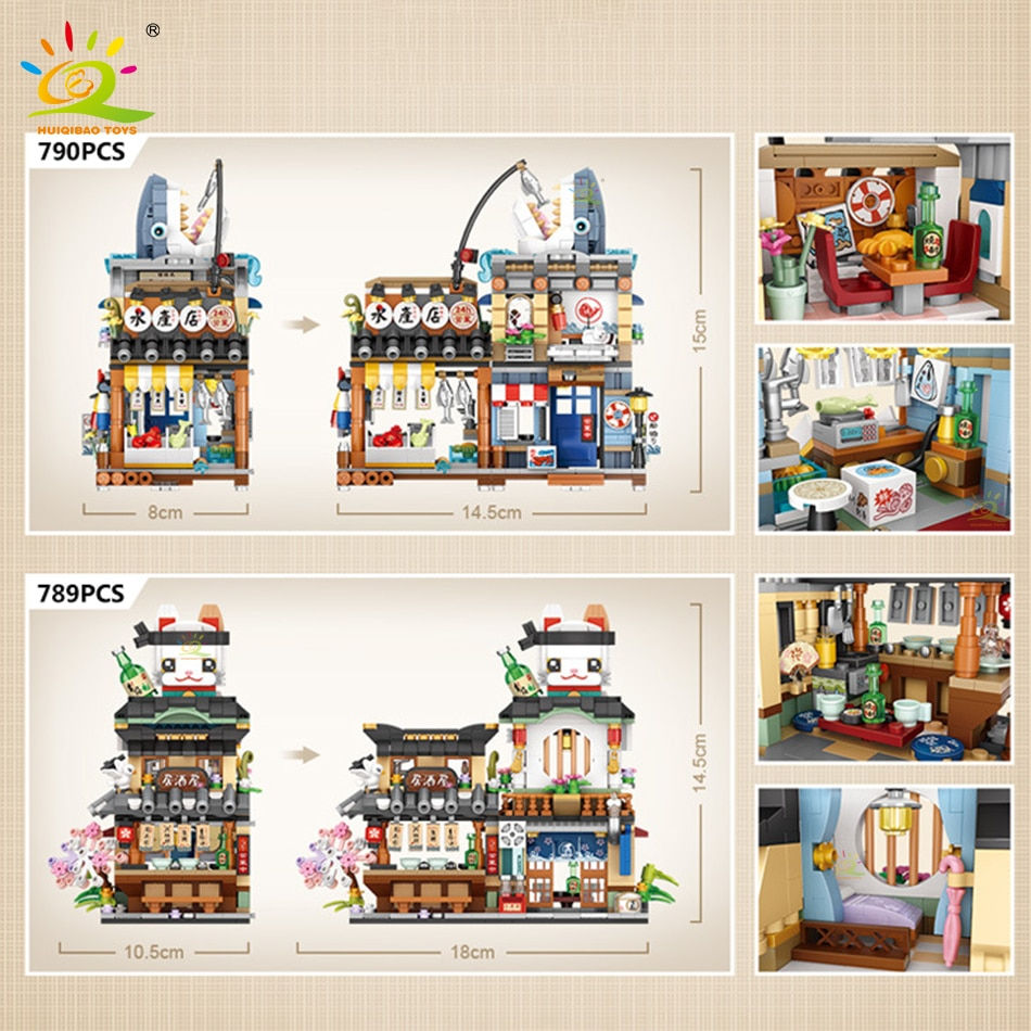 Thumbnail: HUIQIBAO City Mini Chinese Street View Grocery Store Meat Shop Building Blocks