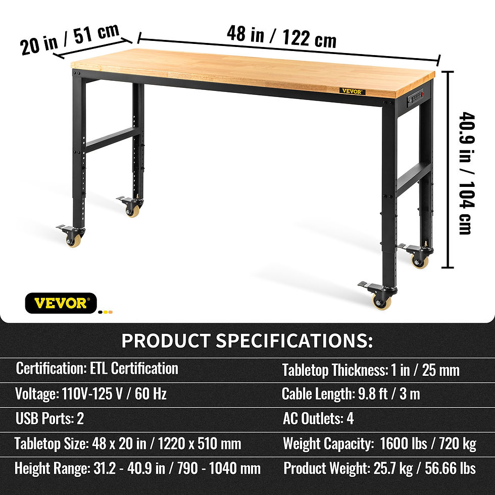 Thumbnail: VEVOR Multi Adjustable Workbench Woodworking Hardwood Work Bench with Power Out