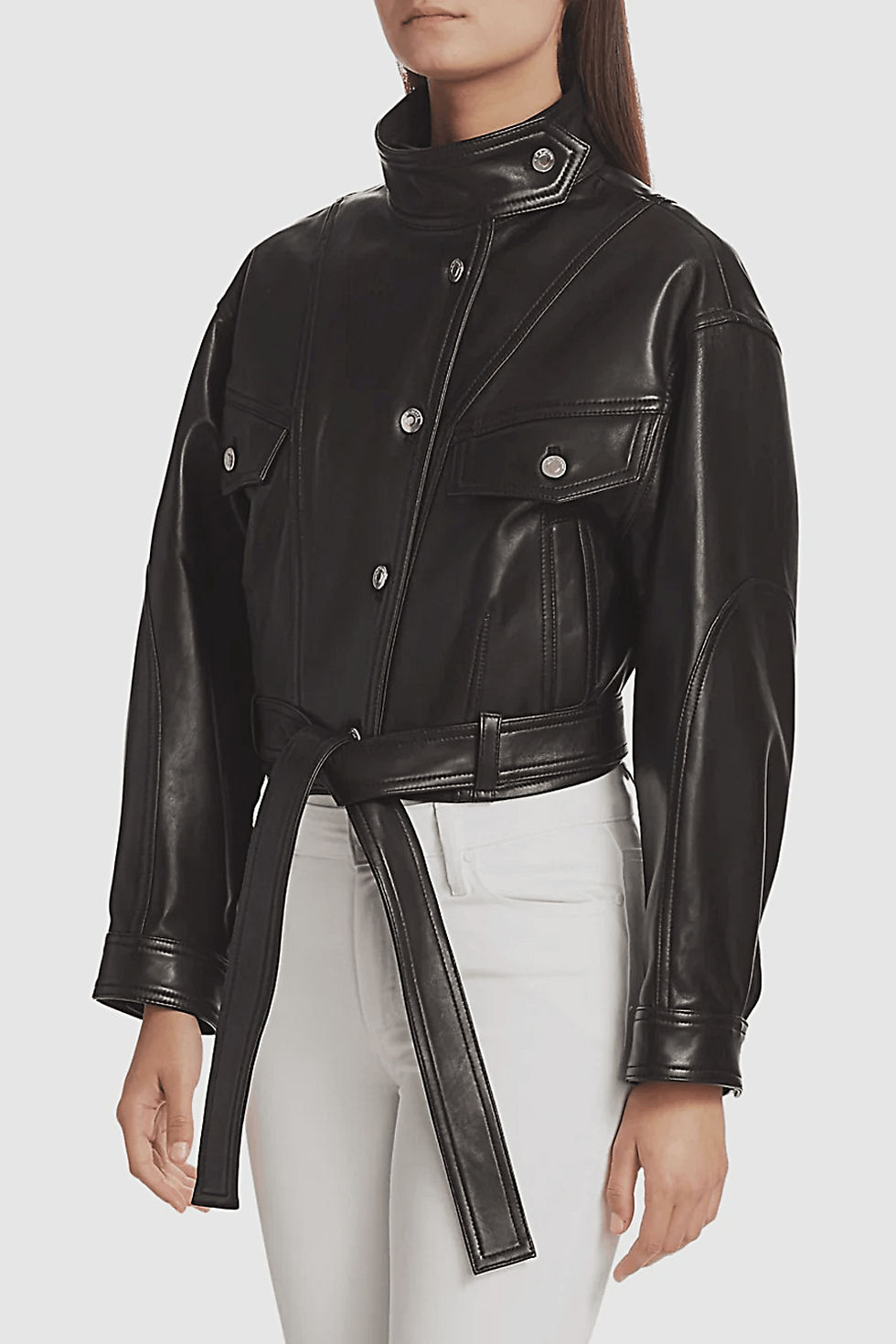 Thumbnail: Soft Waxy Wool Kid Leather Belted Denim Jacket