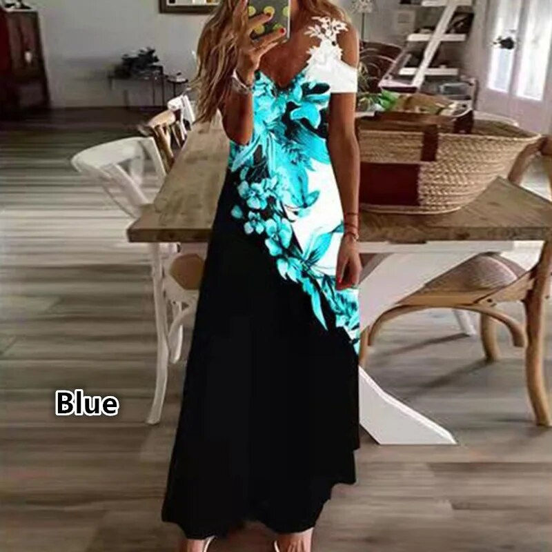 Thumbnail: Plus Size Women Floral Print Maxi Dress Boho Lace Sling Hollow Out Long Dress C