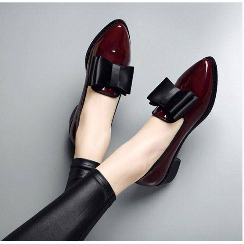 Thumbnail: Women Bow Low Heels Women's Pointed Toe Pumps Patent Leather Platform Woman Sli