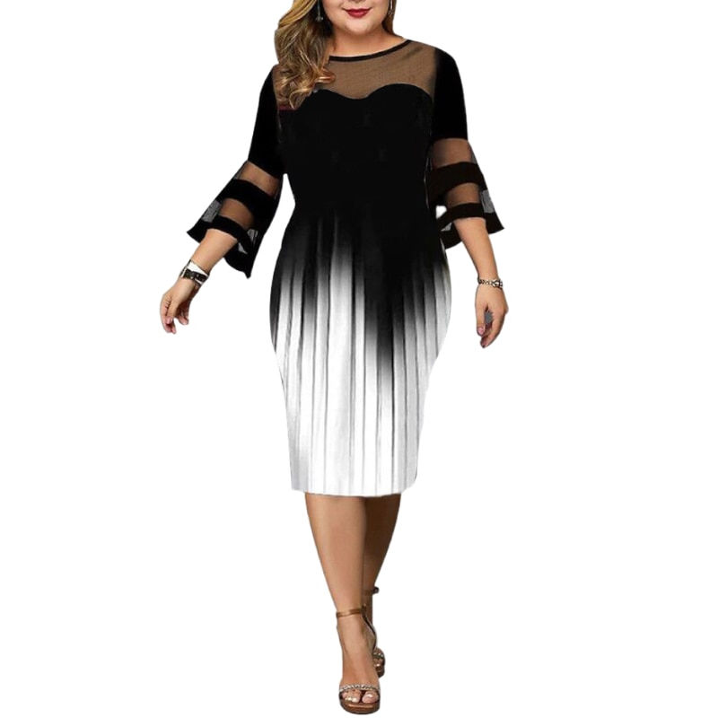 Sexy See through Mesh Summer Plus Size Dress Women Elegant  Falred Sleeve Gradi