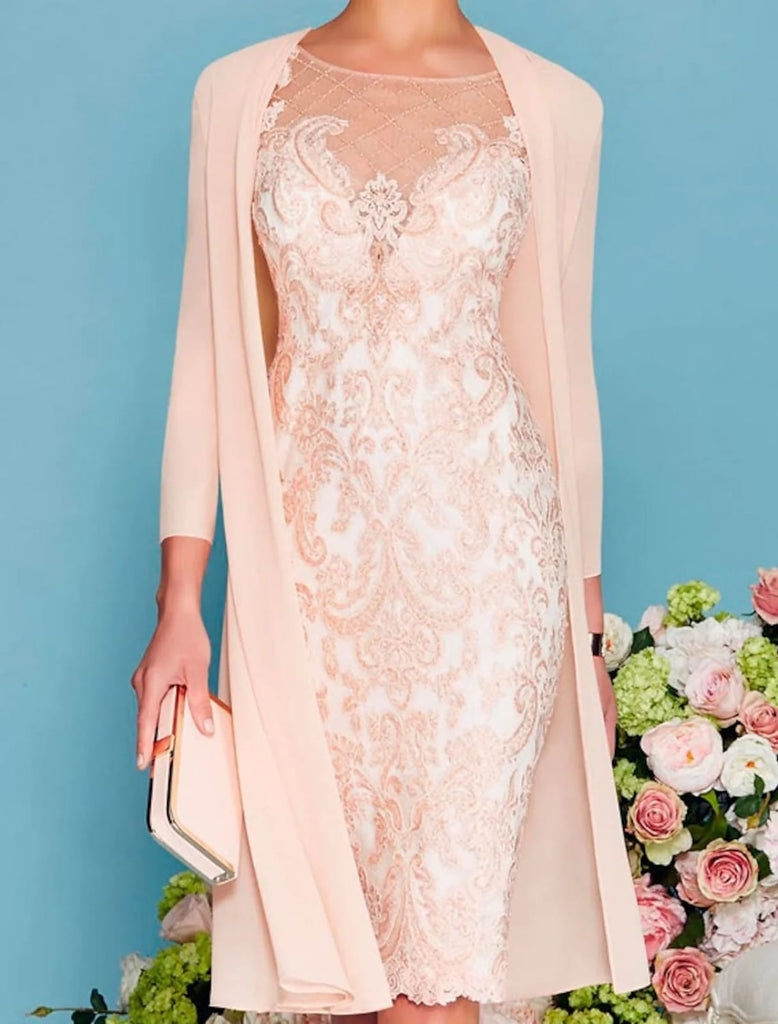 Thumbnail: Pink Chiffon Elegant Mother Of The Bride Dress With Jacket 3/4 Sleeve Lace Wedd