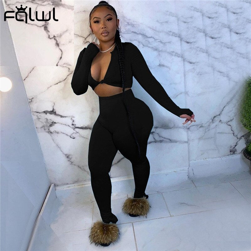 Thumbnail: FQLWL Casual Summer 2 Two Piece Set Women Pink Outfit Long Sleeve Crop
