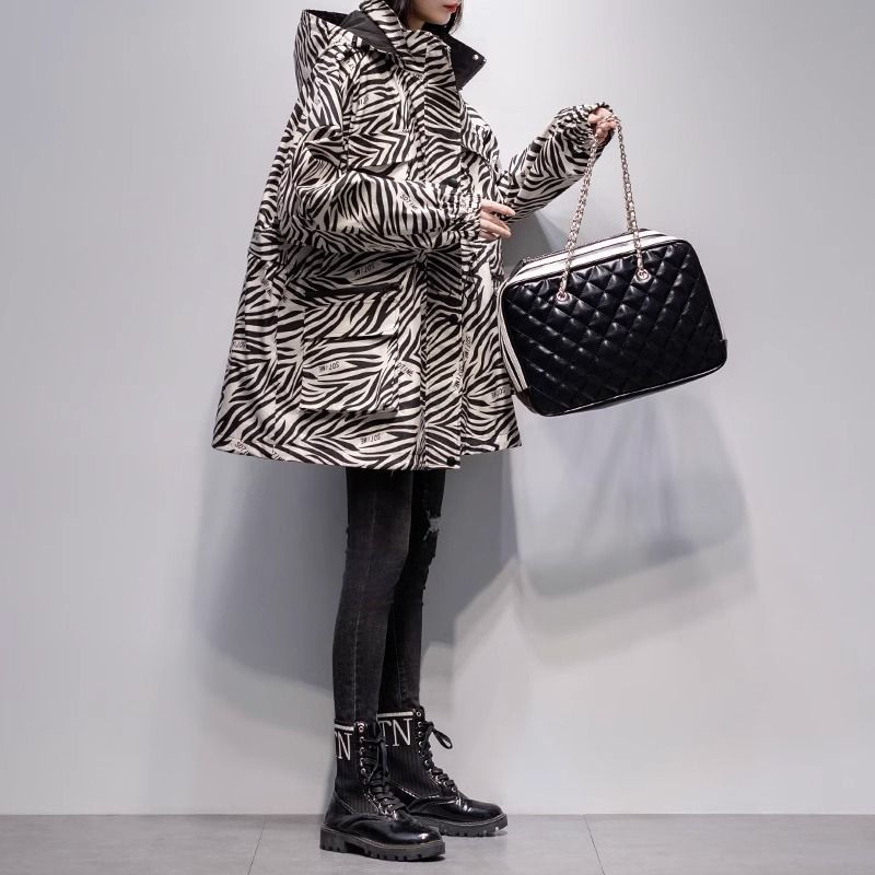 Thumbnail: Women's Mid-length Hooded Zebra-print Trench Coat