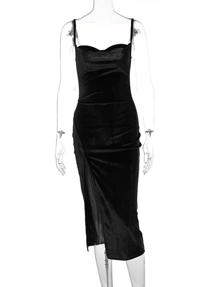Μικρογραφία: Hugcitar Velvet Swing Collar Sleeveless Slip Sexy Slit Maxi Dress 2023 New Fash