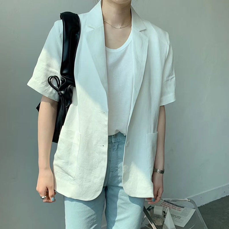 Miniature : Women Jackets Korean Cotton Linen Casual Blazer Loose Short Sleeve Suit Blazer