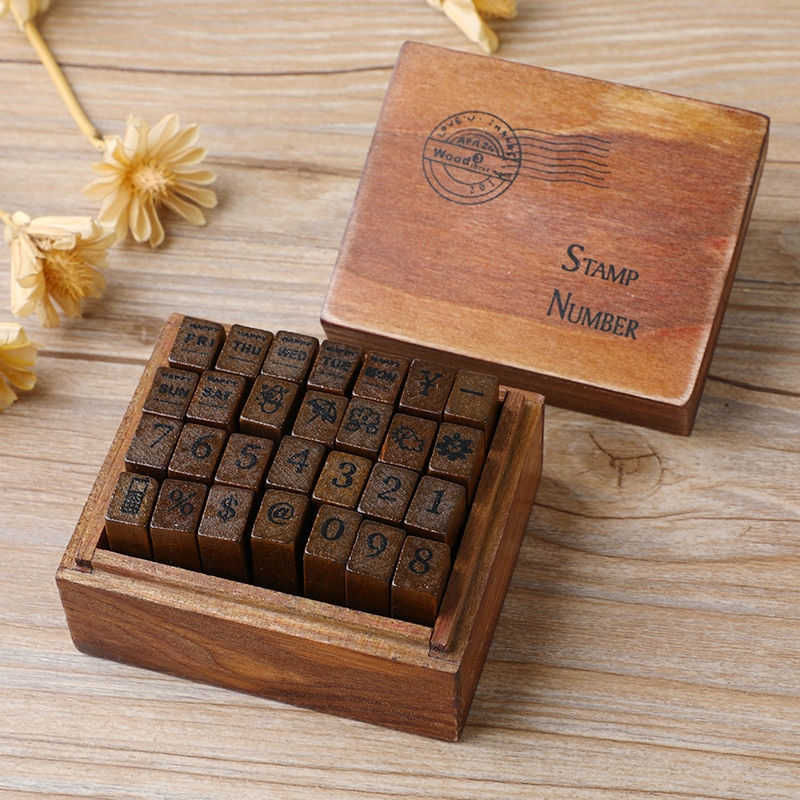 Thumbnail: Yoofun 28pcs Alphabet Stamps Vintage Wooden Rubber Letter Standard Stamp Set fo