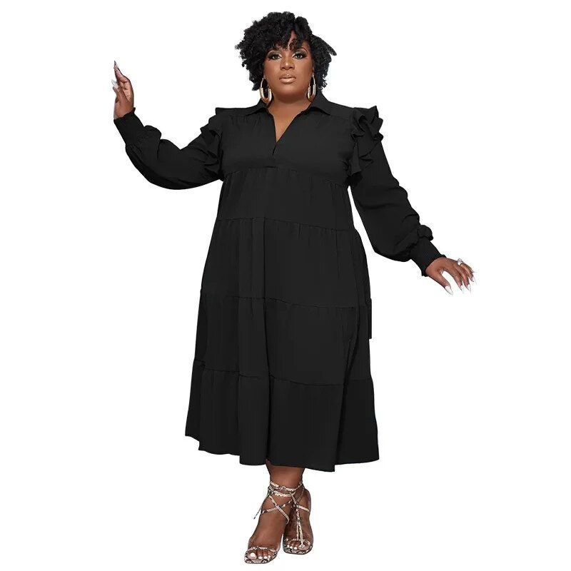 Thumbnail: plus size Autumn Elegant Long Sleeves A Line Casual Dress Hot Sale Solid Turn D