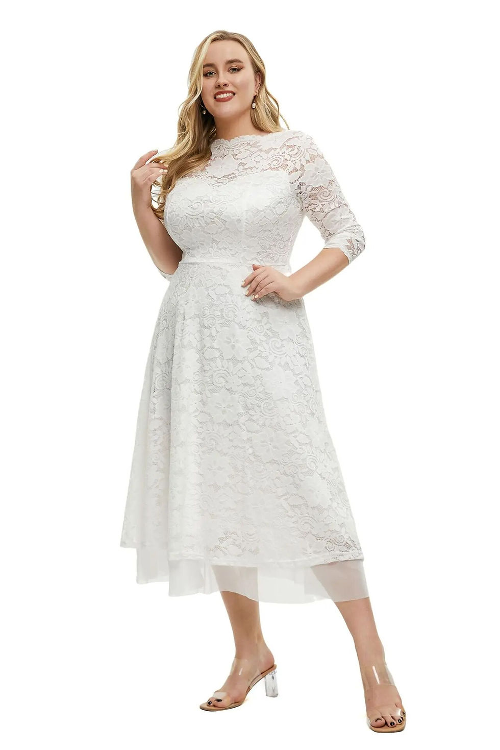 Thumbnail: Plus Size Floral Print Contrast Mesh Half Sleeve Party Wedding Dress For Women