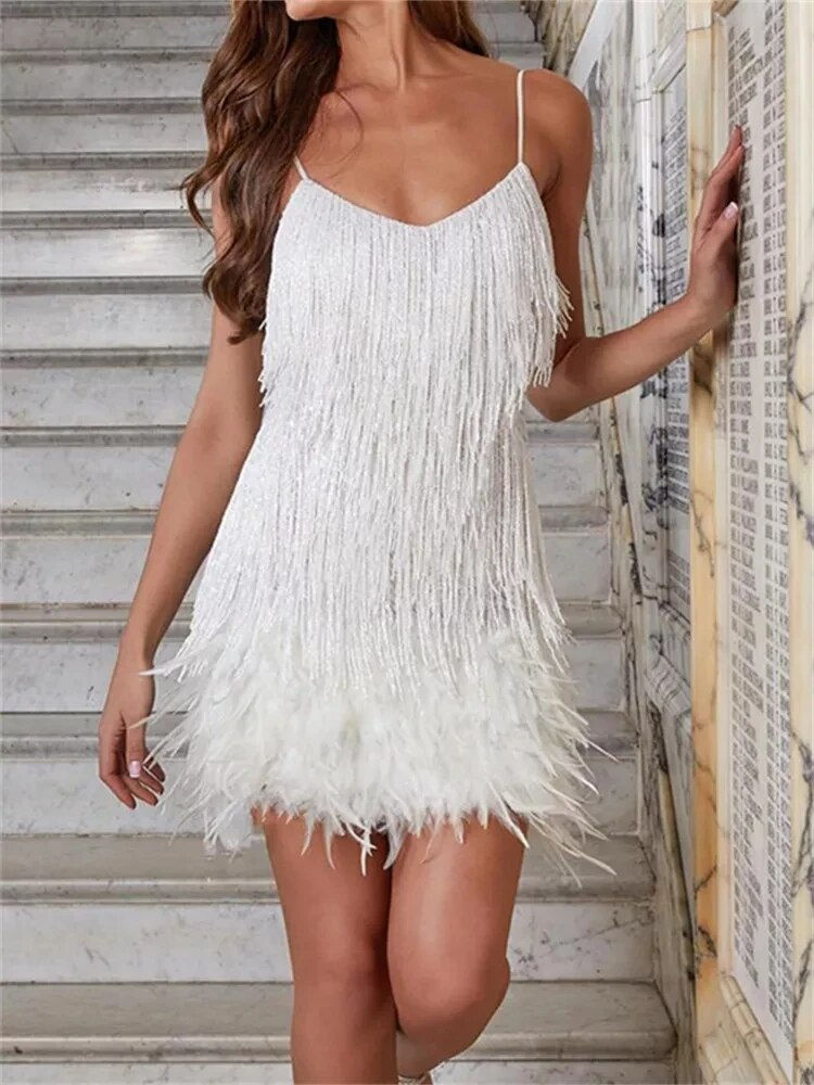 Plus Size Women Sequins Tassel Feather Dress 2023 Autumn Winter Sexy Mini Eveni