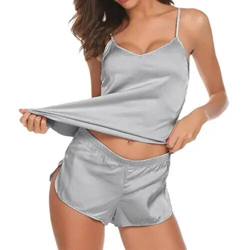 Thumbnail: Women Cute 2PCS Lingerie Set, Loose Solid Color Sling Low Chest Top, Short Elas