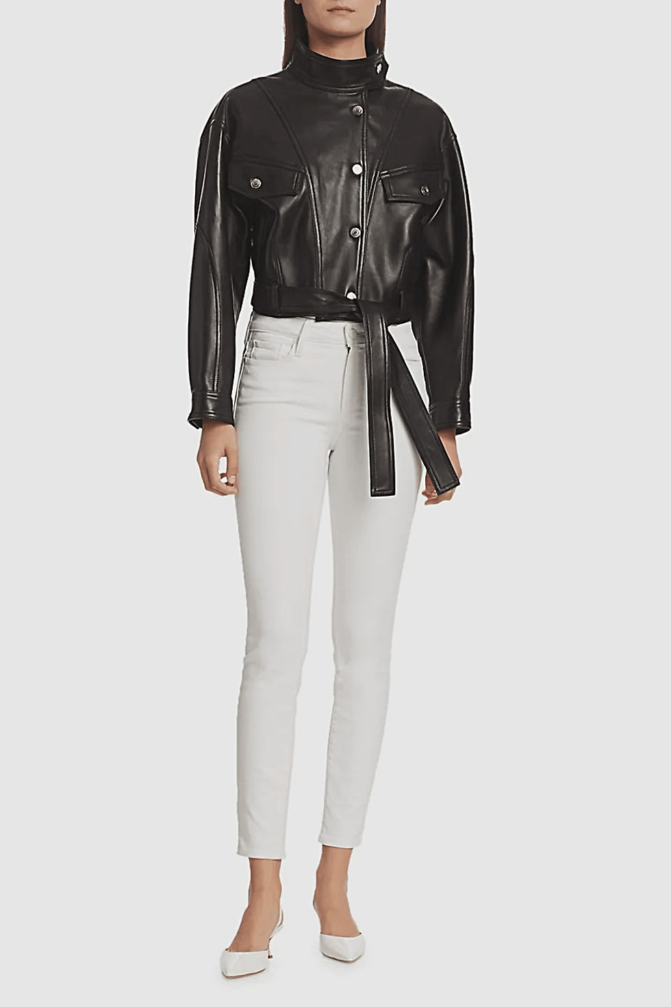 Thumbnail: Soft Waxy Wool Kid Leather Belted Denim Jacket