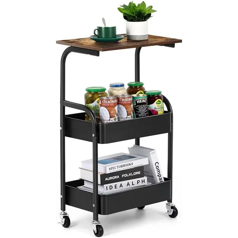 3-Tier Kitchen Rolling Storage Cart with Wheels, Wooden Tabletop, Black