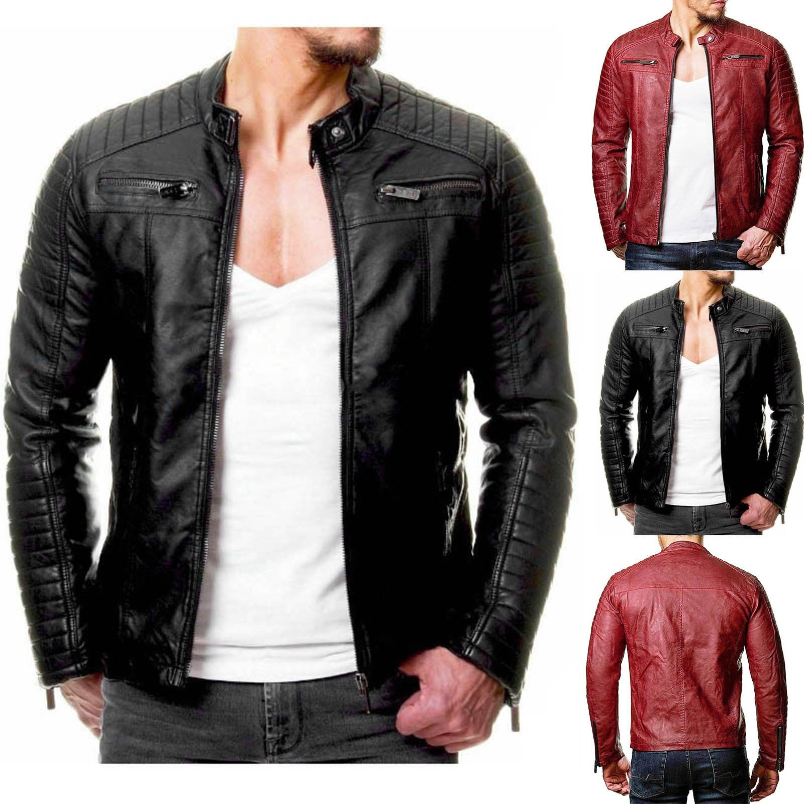 Mens Fashion Stand Collar Leather Jackets Man Casual Windproof Slim Fit PU Jack
