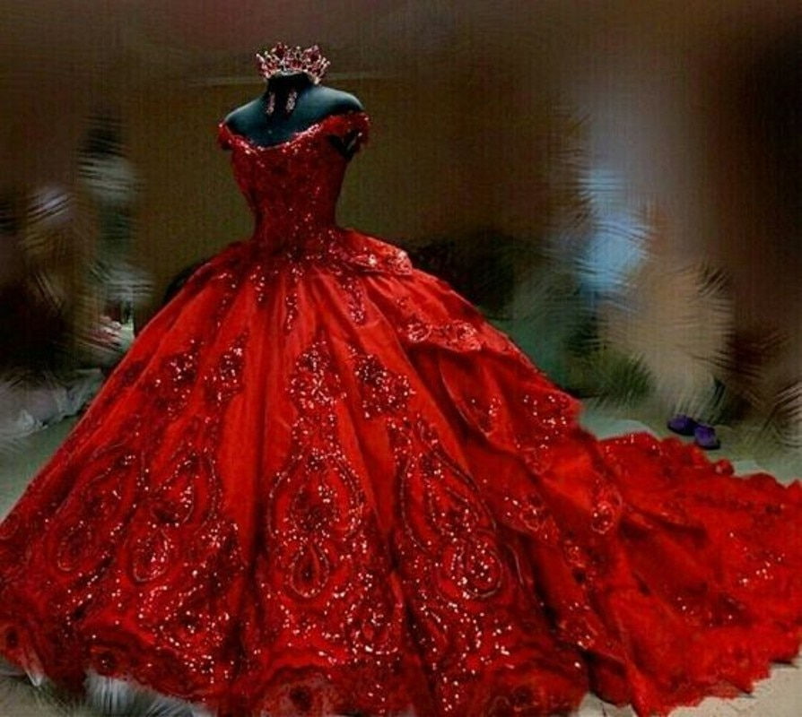 Миниатюра: Red Quinceanera Dresses Beads Sparkly Off the Shoulder Puffy Tiered Skirt