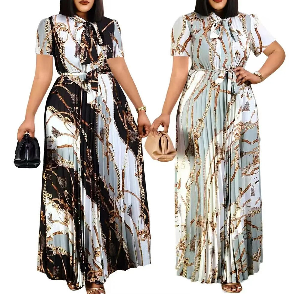 Thumbnail: LW Plus Size dress Tie Neck Chain Print Pleated A Line Dress short sleeve maxi