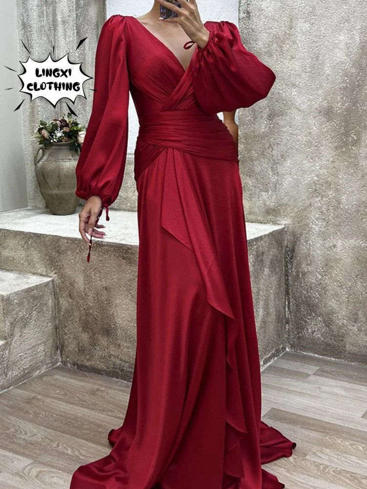 Thumbnail: 2023 New Elegant Women's Banquet Dress Solid Color Long Wrap Chest Long Sleeve