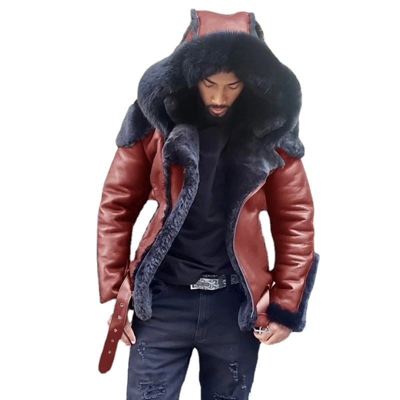 Thumbnail: New Men's Artificial Leather Coat Winter Large Size Jacket with Fur Collar and