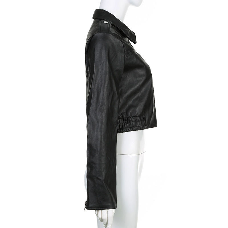 Minijatura: Women's Retro Hong Kong Style Lapel Long-sleeved Leather Jacket