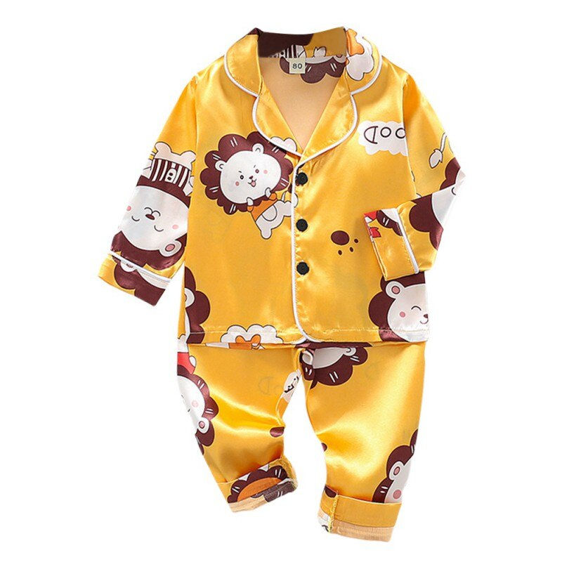 Thumbnail: 1-6 Years Kids Satin Pajama Set Children's Cartoon Sleepwear Outfits Autumn