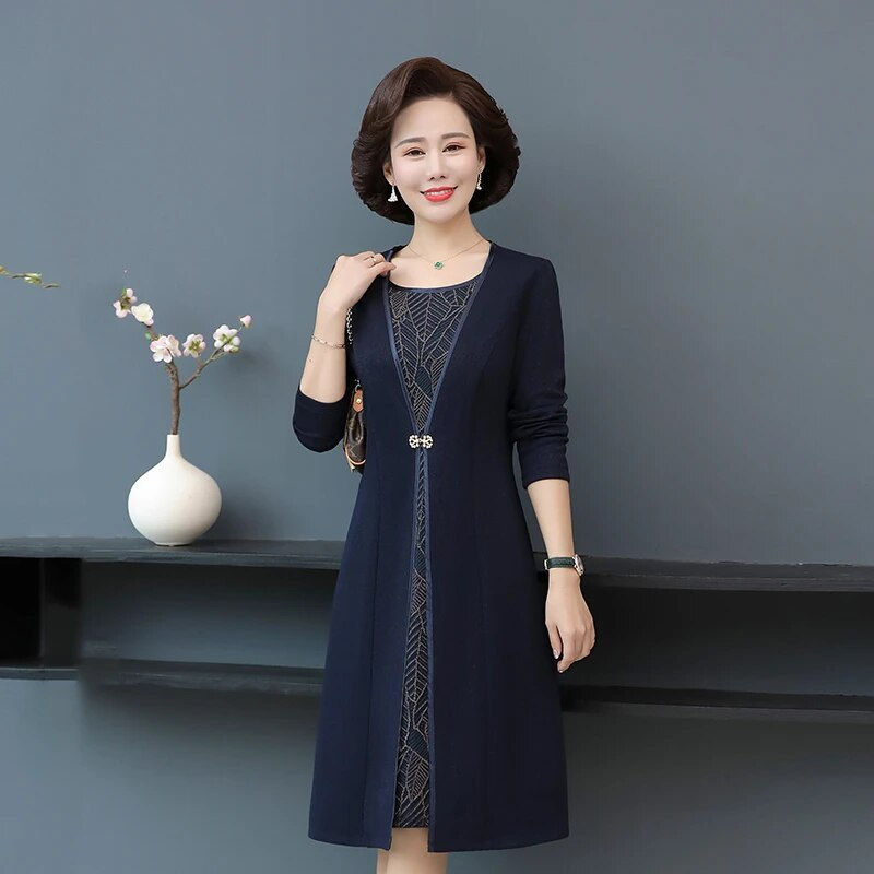 Thumbnail: Middle-Aged Elderly Women Spring Autumn New Dresses Over The Knee Fake Two-Piec