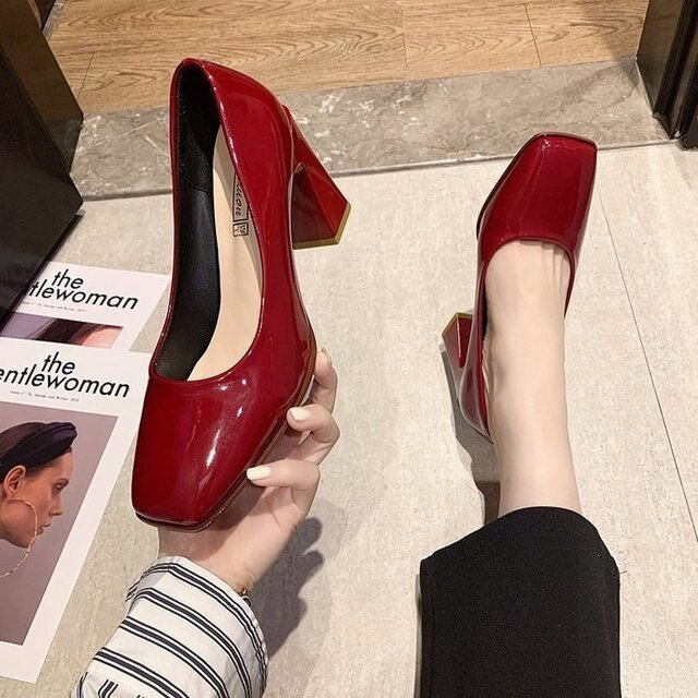 Thumbnail: Square Toe Pumps Women's Korean-Style Patent Leather High Heels Chunky Heel Ped