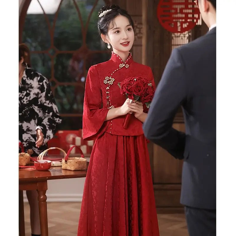 תמונה ממוזערת: Yourqipao New Chinese Style Improved Red Cheongsam Wedding Toast Dress Bride 20