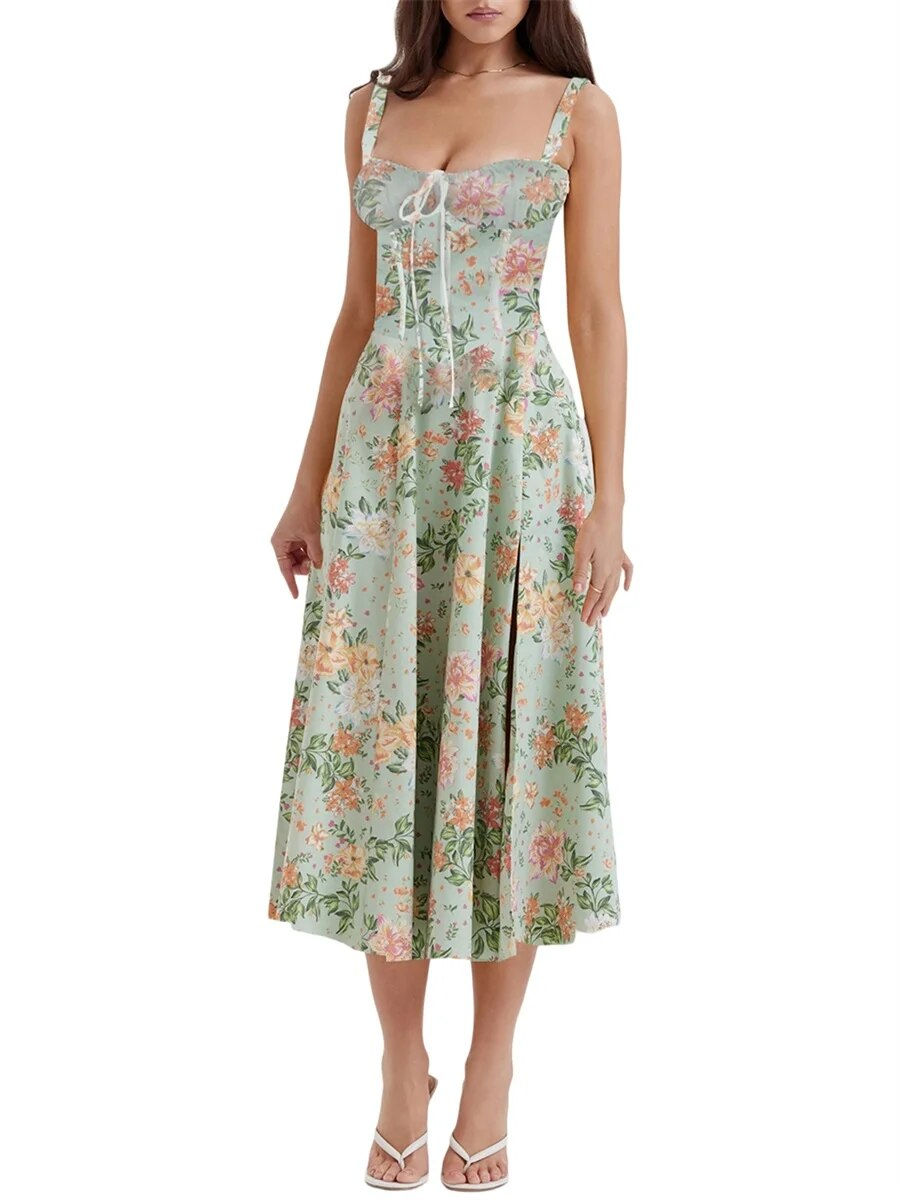 Thumbnail: Women s Vintage Floral Print Maxi Dress Spaghetti Strap Square Neck A-Line Slit