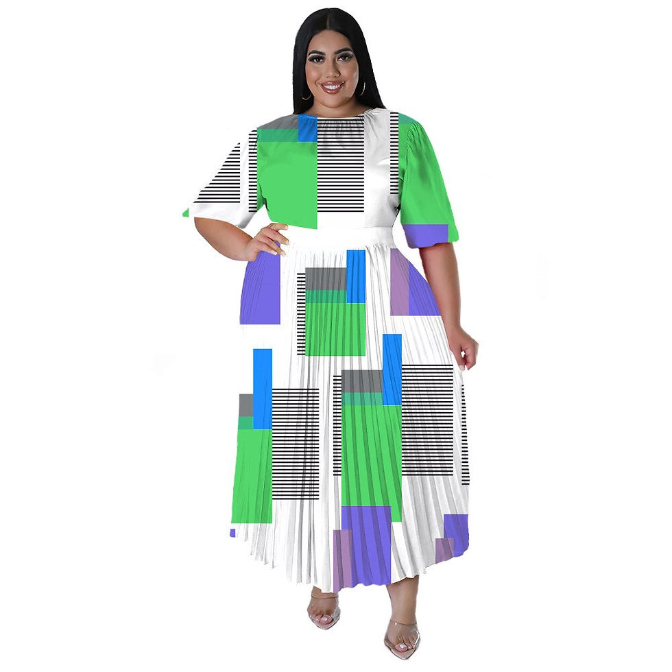 Thumbnail: Perl Plus Size Printed Pleated Maxi Dress for Women Round Neck Short Sleeve A-l