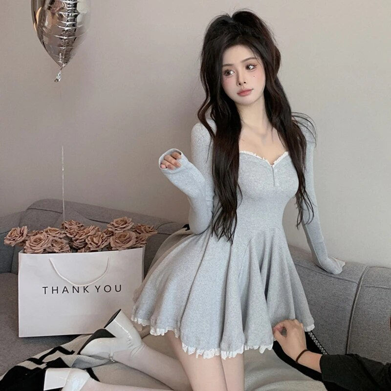 Thumbnail: Korean Dress Short French Style Long Sleeve Collarbone Exposed Square Collar