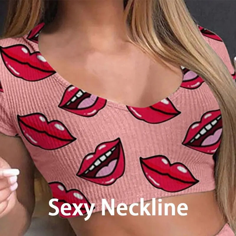 Miniatura: Summer Short Cute Casual Lips Print Female Sleepwear Suit Pajamas 2pcs Top+Pant
