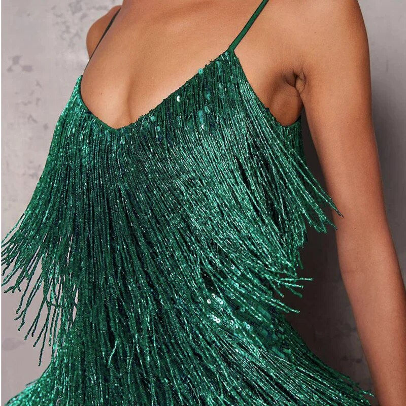Miniature : Plus Size Women Sequins Tassel Feather Dress 2023 Autumn Winter Sexy Mini Eveni