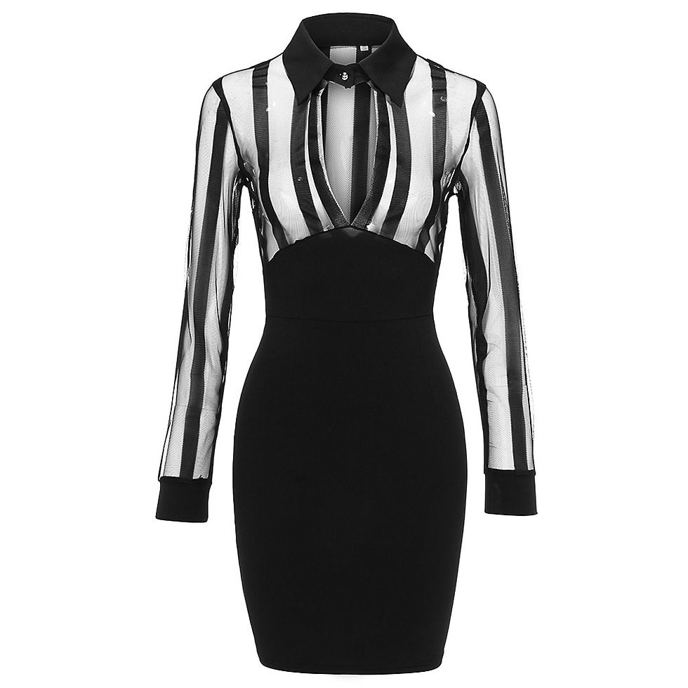 Miniaturebillede: Summer Dress Women Vestidos Cute Long Sleeve Sheer Striped Mesh Patchwork Bodyc