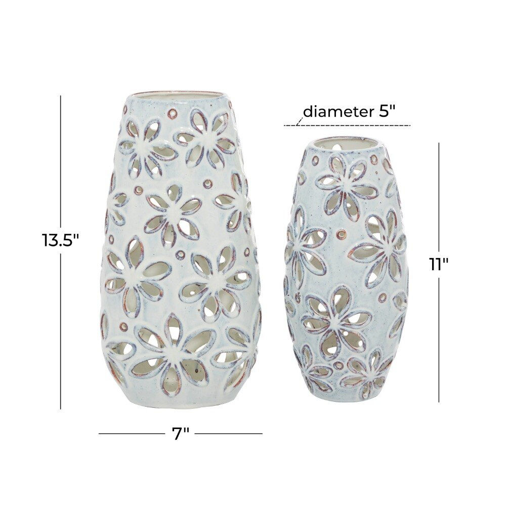 14” Flower Vase Decoration Home 11“H Floral Handmade Daisy Cut Out White Cerami