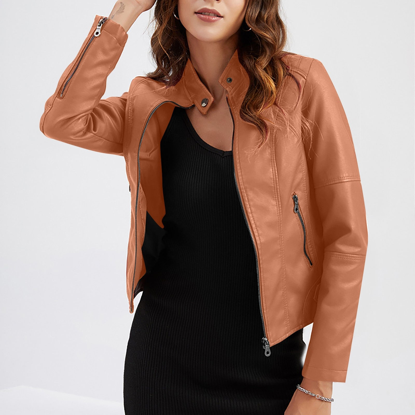Women Loose Motorcycle Biker Black Pu Faux Leather Short Jacket Slim Fitting Re