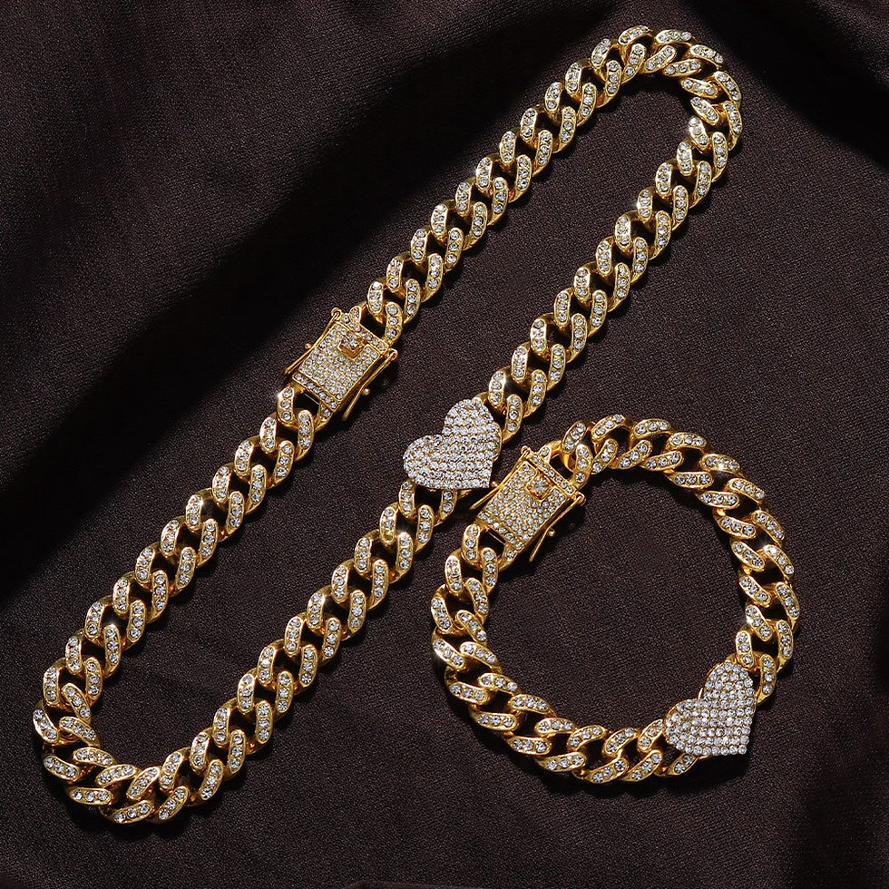 Thumbnail: 2Pc/Set Rapper Full Heavy Heart-shaped Cuban Link Bracelet Iced Women for