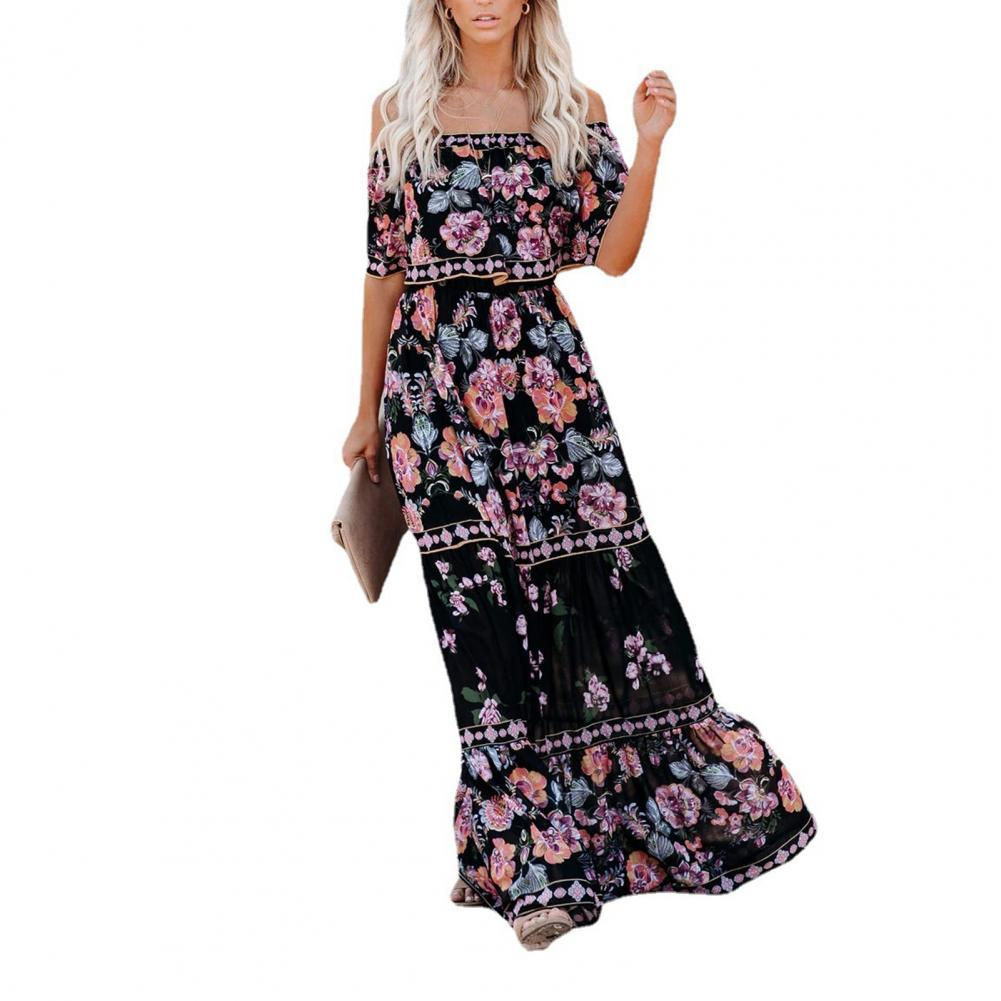Summer Dress Print Vintage Long Dresses For Women Cute Off-Shoulder Ruffle Fash
