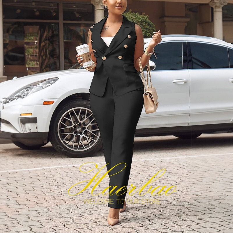 Thumbnail: Women Suit Pants Vest 2pcs Double Breasted Fashion Loose Outfit Office Workwear