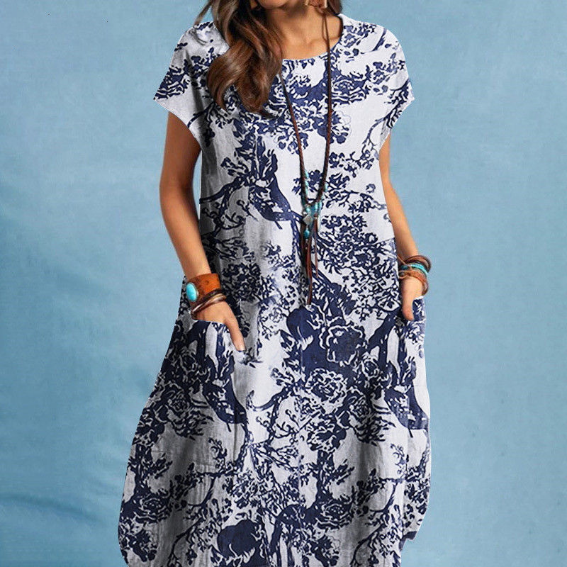 Thumbnail: Women's New Fashion Cotton And Linen Plant Print Round Neck Pocket Short Sleeve