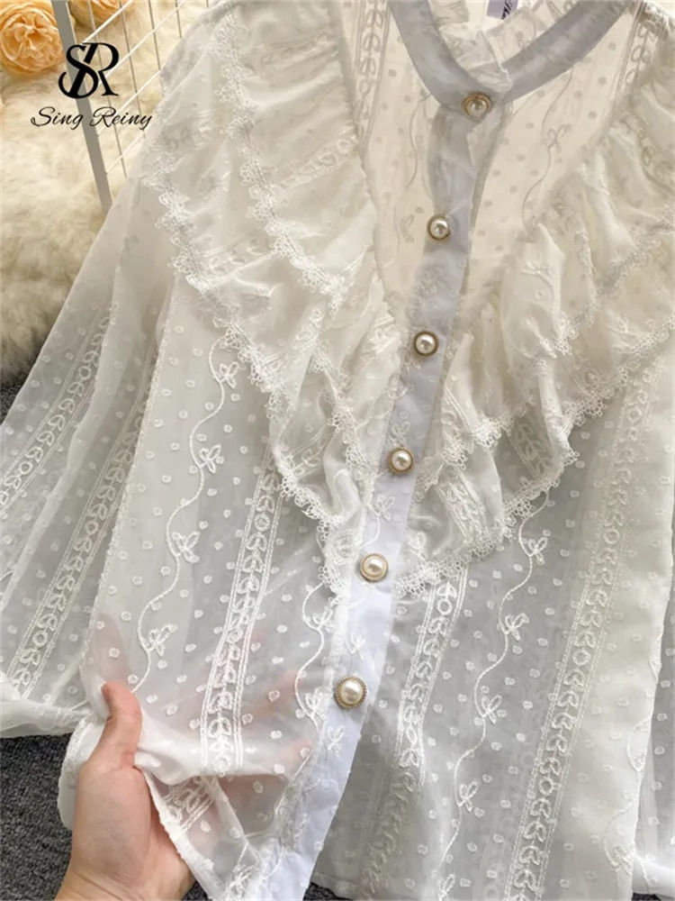 Miniaturebillede: SINGREINY Elegant French Blouse Women Temperament Sweet Ruffles Loose Casual To