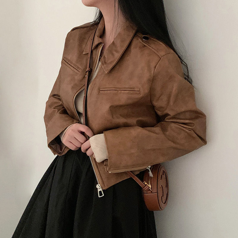 Minijatura: Women's Retro Hong Kong Style Lapel Long-sleeved Leather Jacket