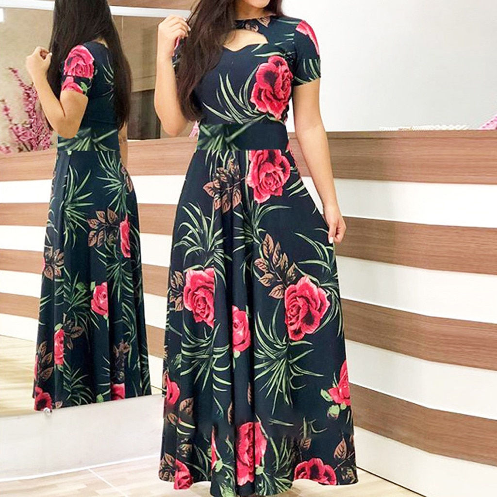 Boho Women's Casual Plus Size Dresses O-neck Short Sleeve Print Waist Strap Dre