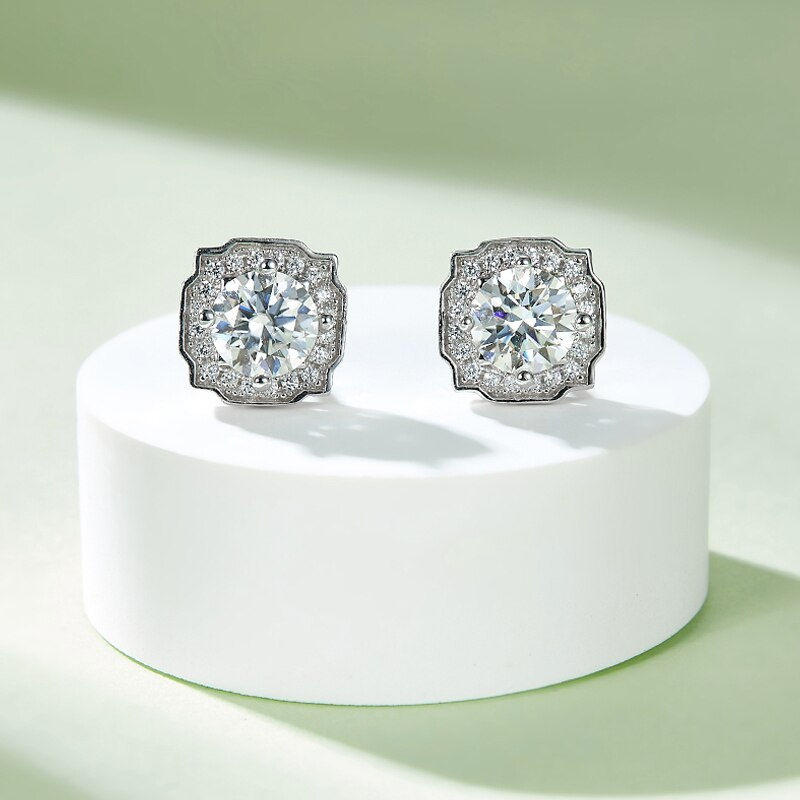 Thumbnail: GEM'S BALLET Unique 0.5ct 5mm Round Cut Moissanite Milgrain Halo Studs Earrings