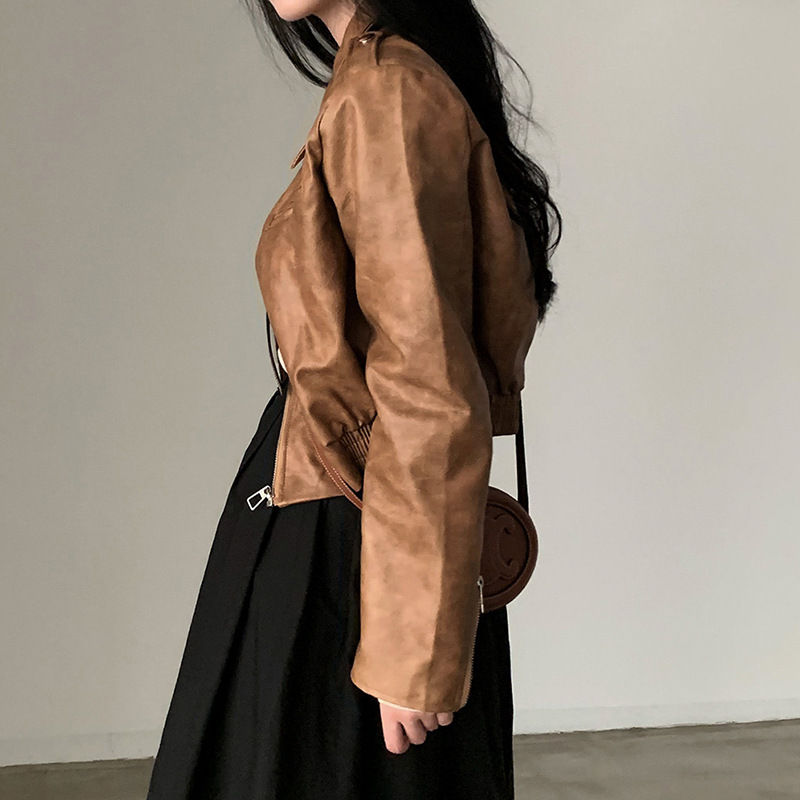 Minijatura: Women's Retro Hong Kong Style Lapel Long-sleeved Leather Jacket