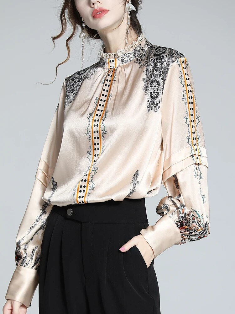 Thumbnail: EVNISI French Printed Woman Blouse Silk Satin Shirt Elegant Loose Lantern Sleev