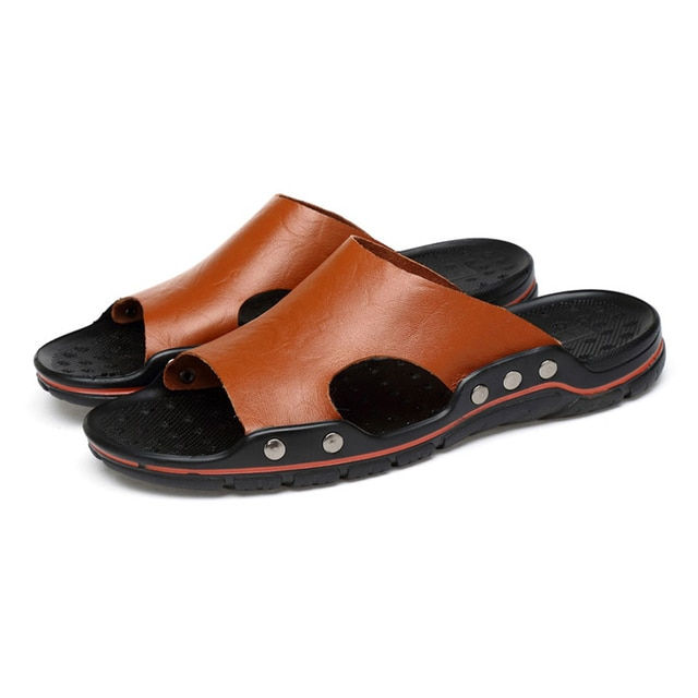 Thumbnail: Summer Men Slippers Genuine Leather Breathable Clogs Sandals Beach Classics Lea